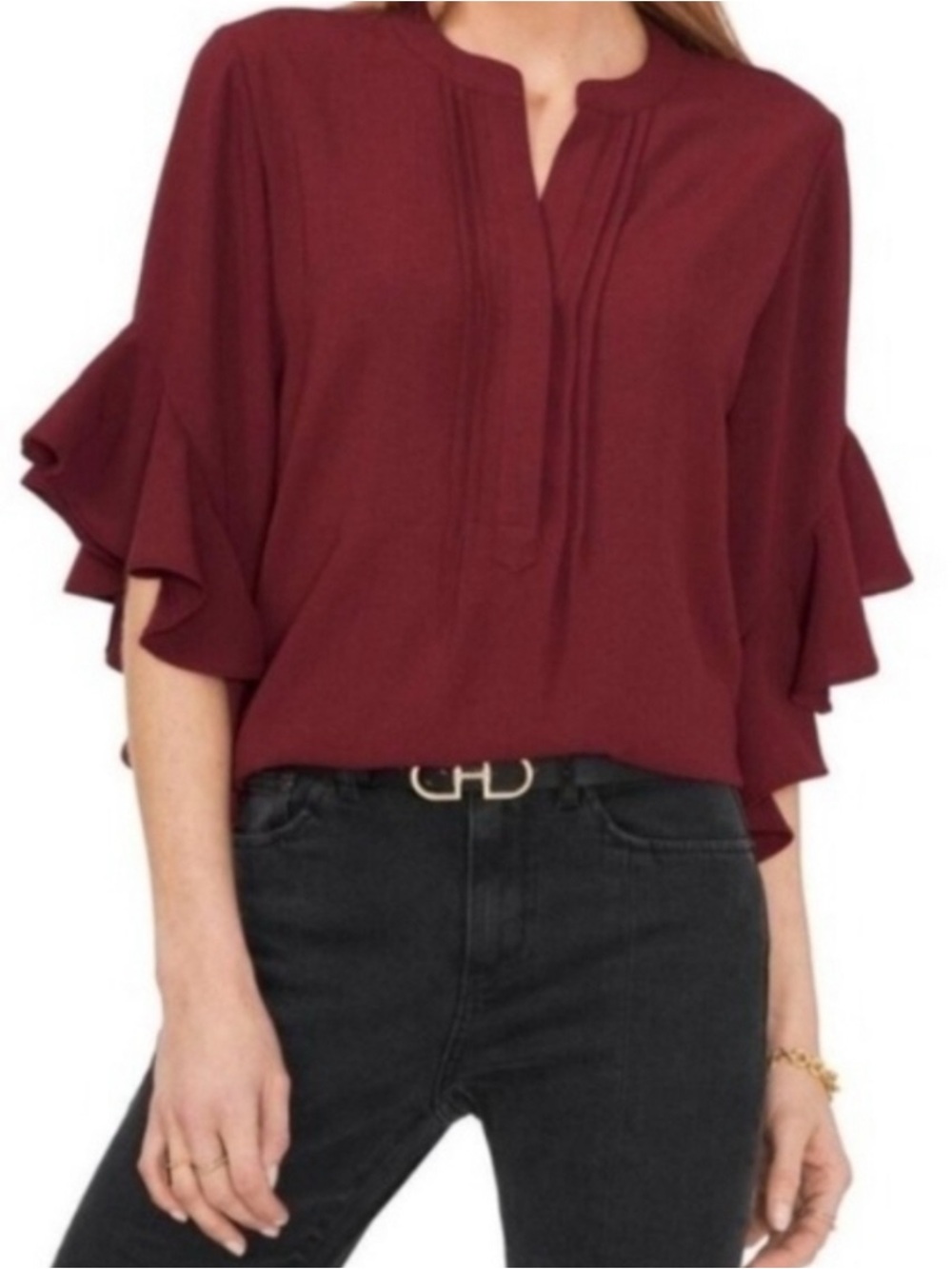 Vince Camuto Burgundy Red Ruffle Sleeve Tunic with 3/4 length sleeve and V neck